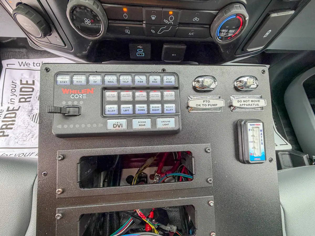 Console switchboard close-up with labels and gauge readouts.